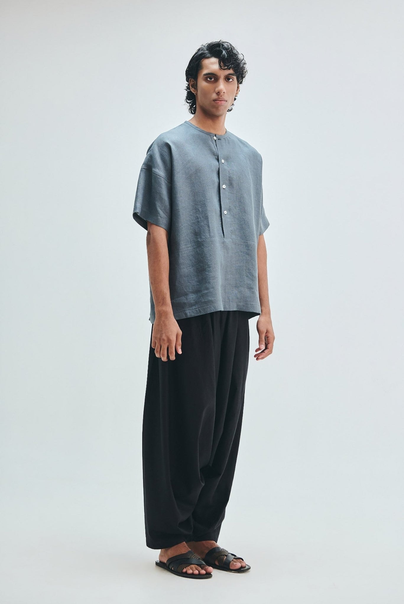 Slate Linen Men's Half Sleeves Panelled Shirt Kurta - CiceroniShirt KurtaSaphed
