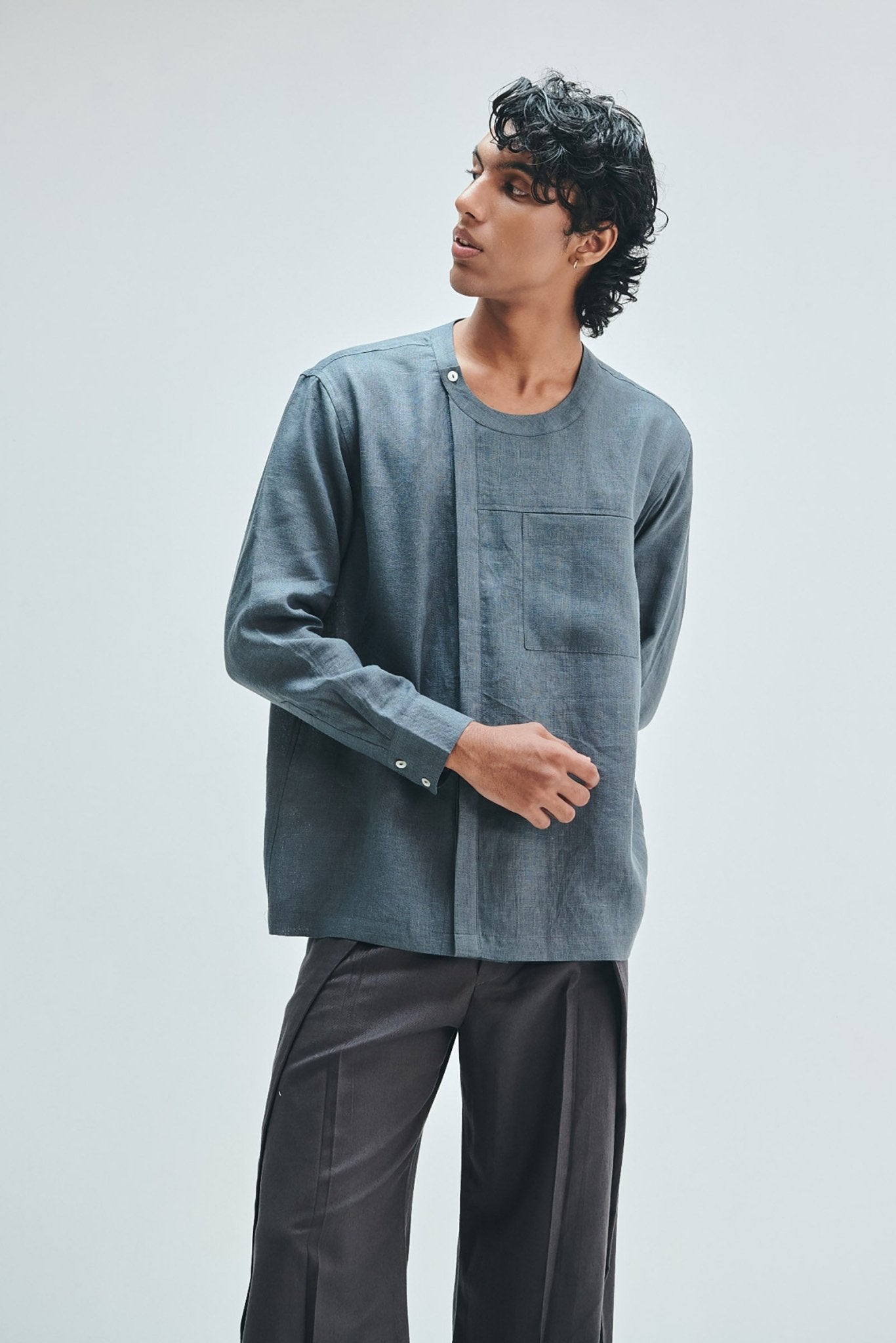 Slate Linen Men's Side Placket Shirt - CiceroniShirtSaphed