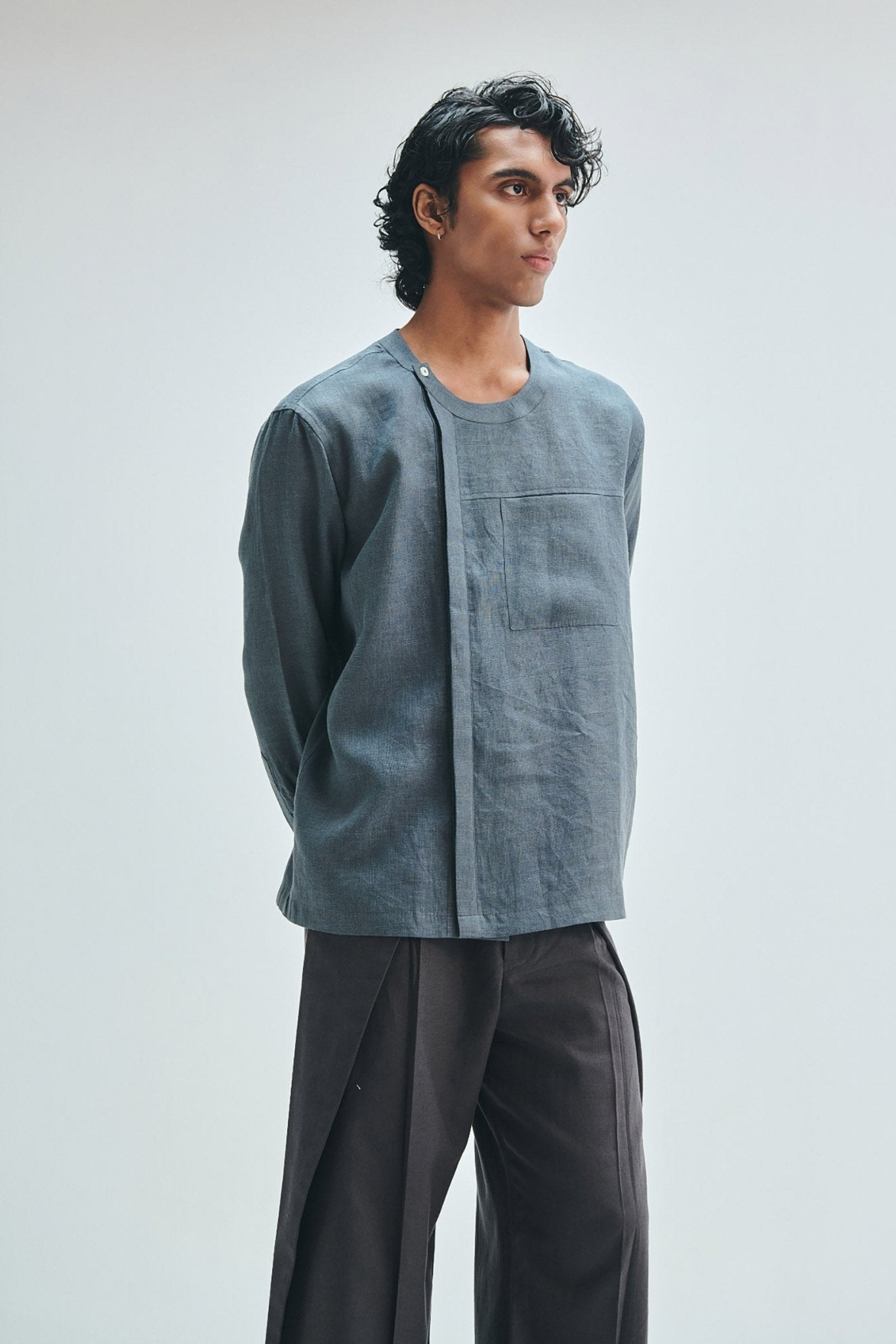 Slate Linen Men's Side Placket Shirt - CiceroniShirtSaphed