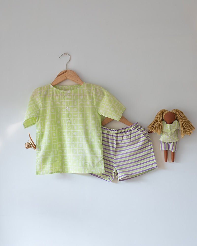 Sleepover Party Unisex Cotton Set with Lime Green Moon Chase Kurta and Purple Green Striped Shorts - CiceroniCo - ord SetLove The World Today