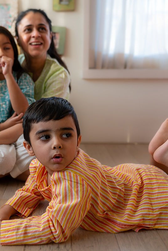 Sleepover Party Unisex Cotton Set with Peach Yellow Striped Kurta and Peach Green Striped Shorts - CiceroniCo - ord SetLove The World Today