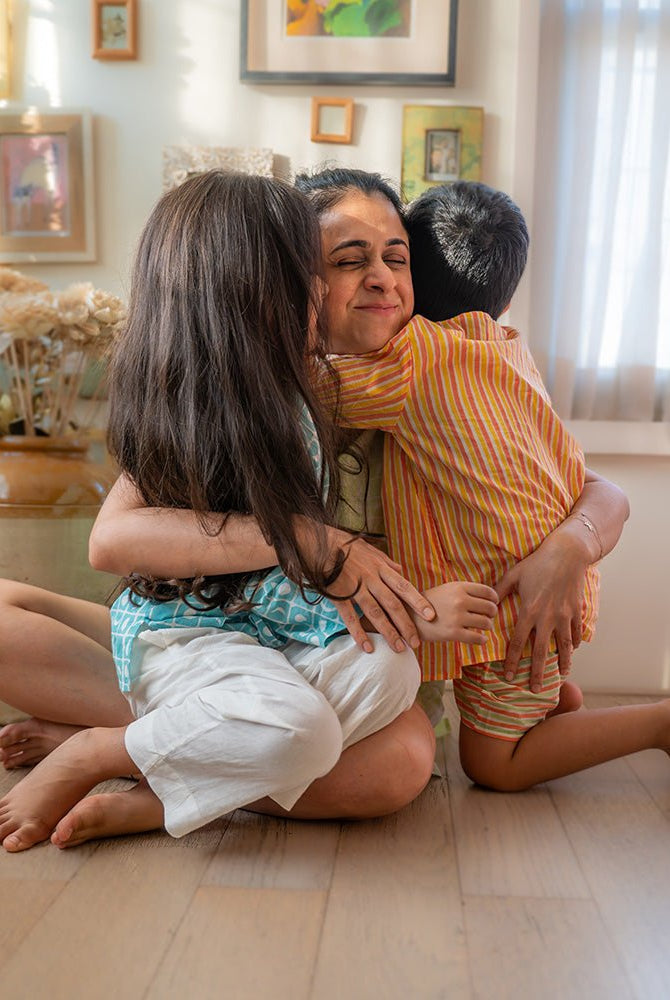 Sleepover Party Unisex Cotton Set with Peach Yellow Striped Kurta and Peach Green Striped Shorts - CiceroniCo - ord SetLove The World Today