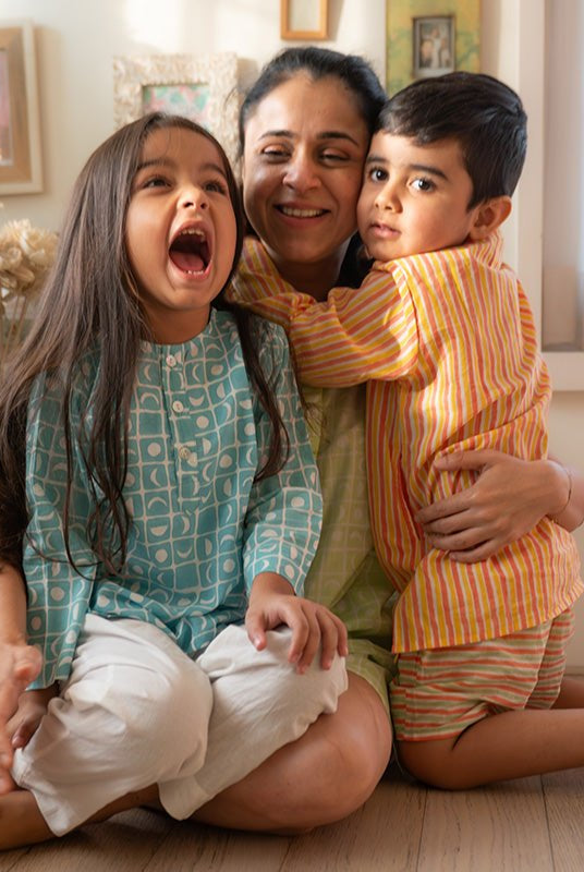 Sleepover Party Unisex Cotton Set with Peach Yellow Striped Kurta and Peach Green Striped Shorts - CiceroniCo - ord SetLove The World Today