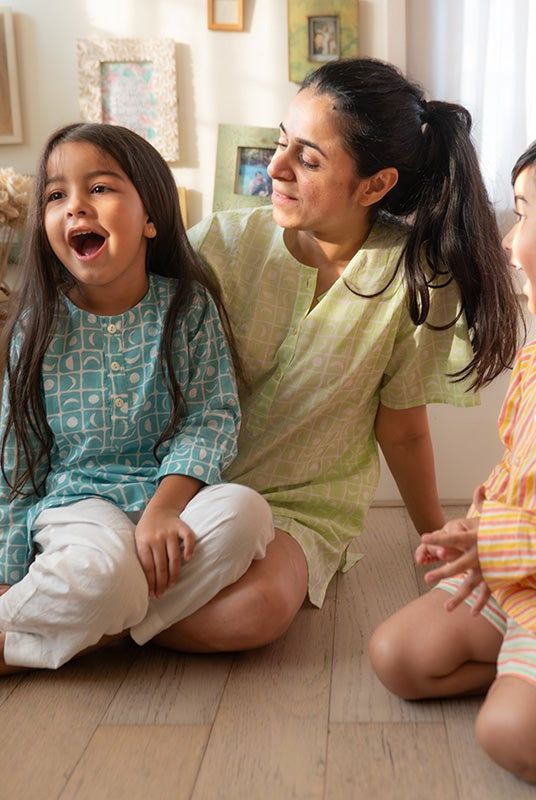 Sleepover Party Unisex Cotton Set with Peach Yellow Striped Kurta and Peach Green Striped Shorts - CiceroniCo - ord SetLove The World Today