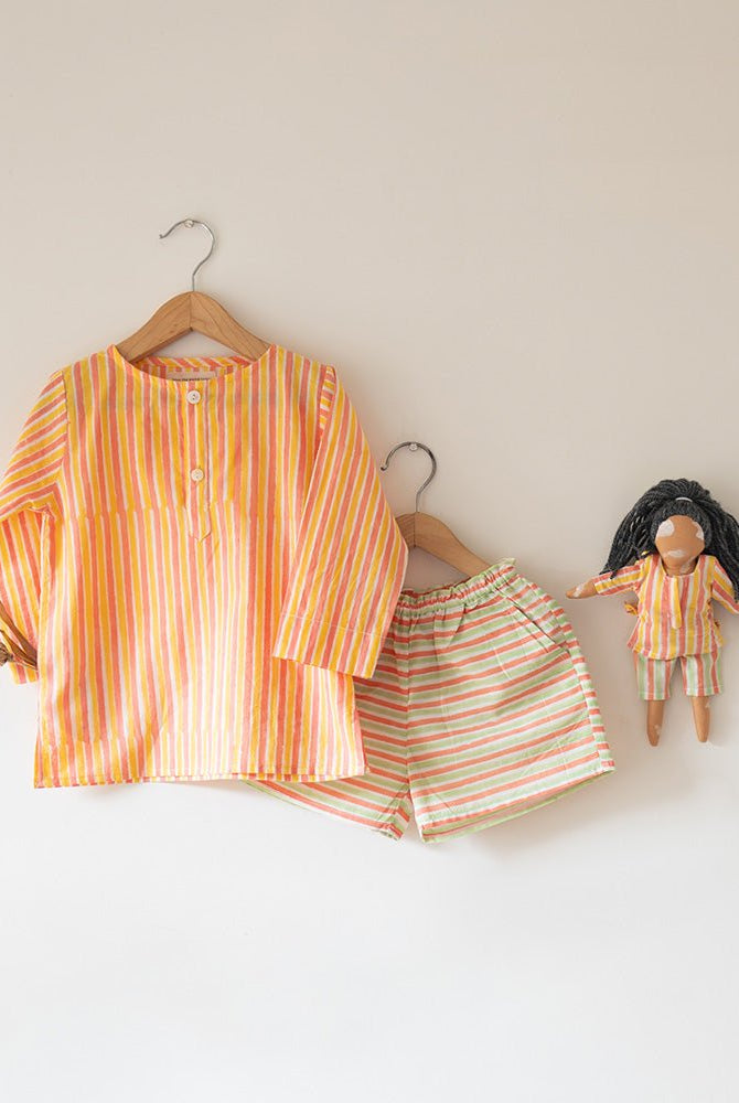 Sleepover Party Unisex Cotton Set with Peach Yellow Striped Kurta and Peach Green Striped Shorts - CiceroniCo - ord SetLove The World Today