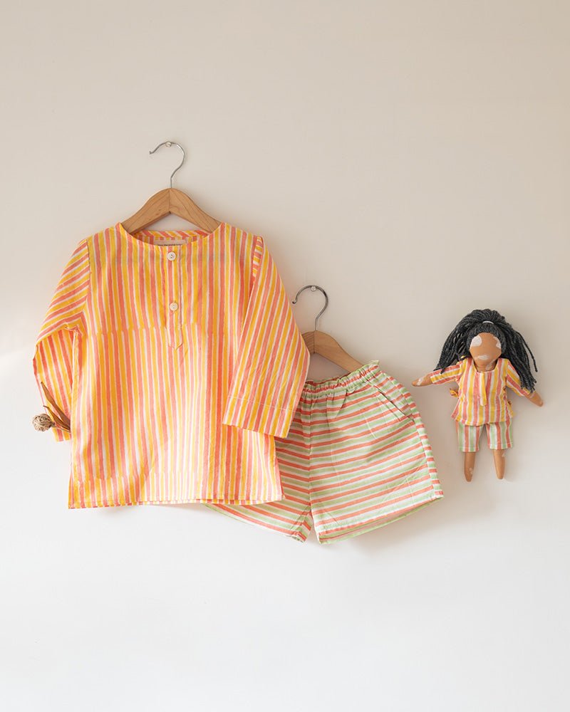 Sleepover Party Unisex Cotton Set with Peach Yellow Striped Kurta and Peach Green Striped Shorts - CiceroniCo - ord SetLove The World Today