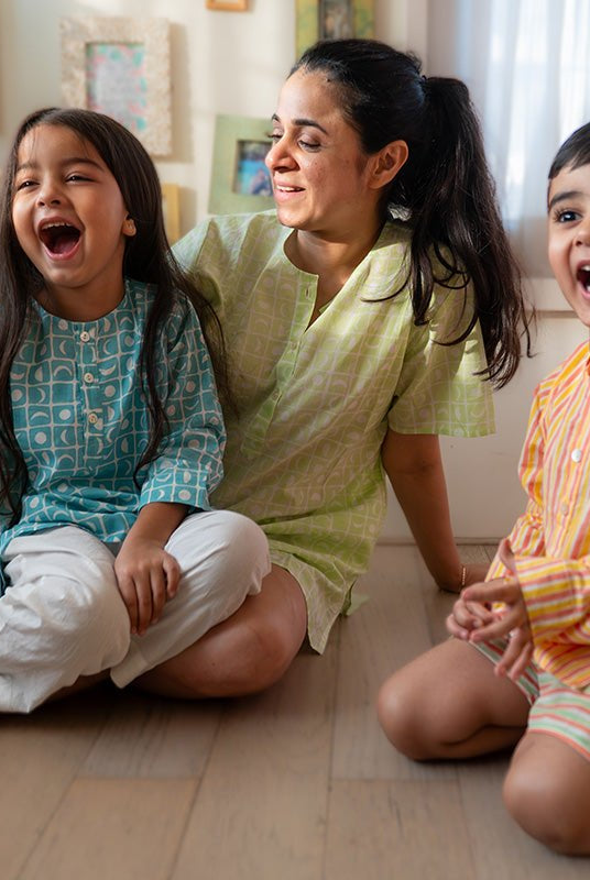 Sleepover Party Unisex Cotton Set with Peach Yellow Striped Kurta and Peach Green Striped Shorts - CiceroniCo - ord SetLove The World Today