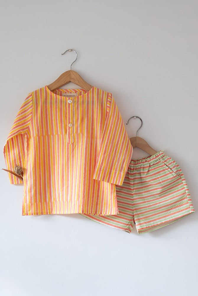 Sleepover Party Unisex Cotton Set with Peach Yellow Striped Kurta and Peach Green Striped Shorts - CiceroniCo - ord SetLove The World Today