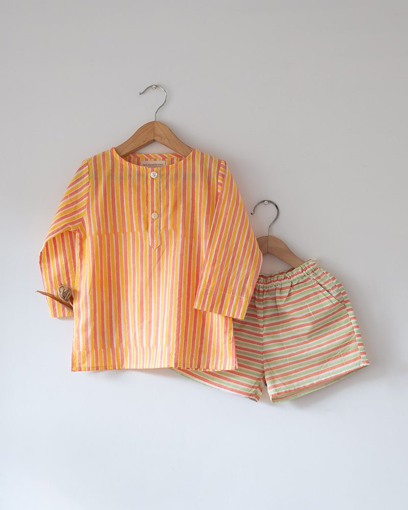 Sleepover Party Unisex Cotton Set with Peach Yellow Striped Kurta and Peach Green Striped Shorts - CiceroniCo - ord SetLove The World Today