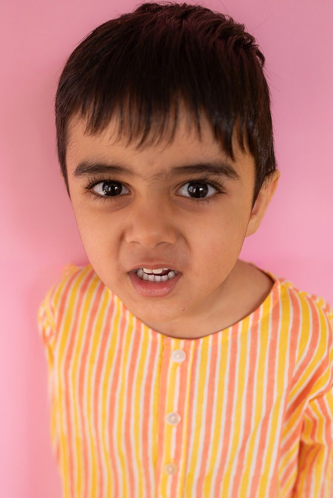 Sleepover Party Unisex Cotton Set with Peach Yellow Striped Kurta and Peach Green Striped Shorts - CiceroniCo - ord SetLove The World Today