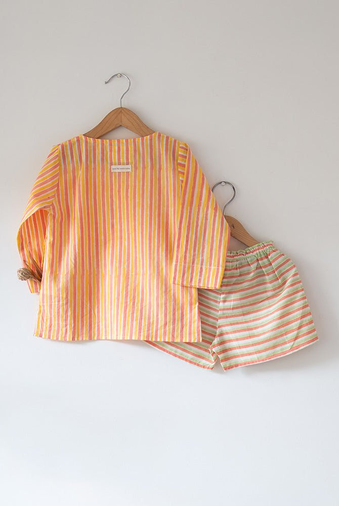 Sleepover Party Unisex Cotton Set with Peach Yellow Striped Kurta and Peach Green Striped Shorts - CiceroniCo - ord SetLove The World Today