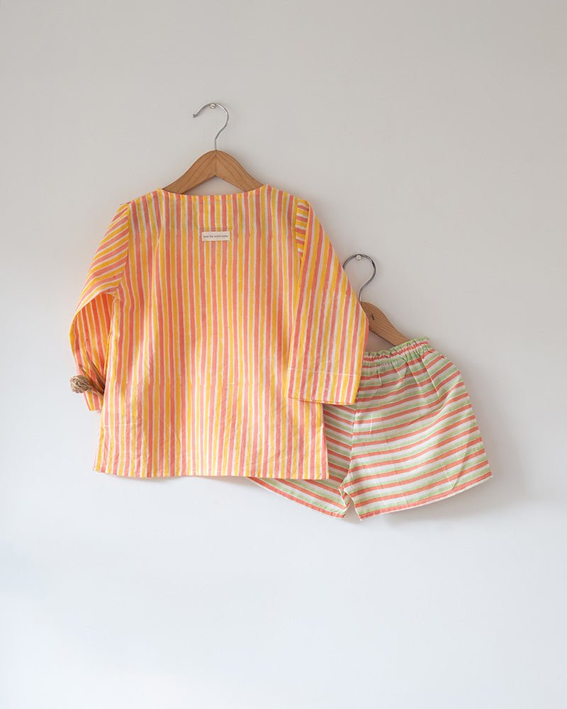 Sleepover Party Unisex Cotton Set with Peach Yellow Striped Kurta and Peach Green Striped Shorts - CiceroniCo - ord SetLove The World Today
