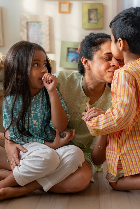 Sleepover Party Unisex Cotton Set with Peach Yellow Striped Kurta and Peach Green Striped Shorts - CiceroniCo - ord SetLove The World Today