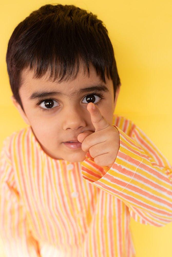 Sleepover Party Unisex Cotton Set with Peach Yellow Striped Kurta and Peach Green Striped Shorts - CiceroniCo - ord SetLove The World Today