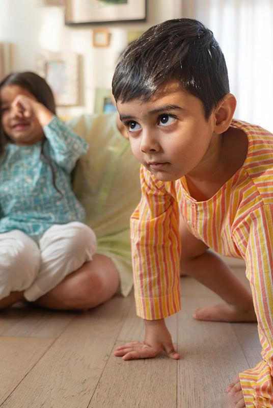 Sleepover Party Unisex Cotton Set with Peach Yellow Striped Kurta and Peach Green Striped Shorts - CiceroniCo - ord SetLove The World Today