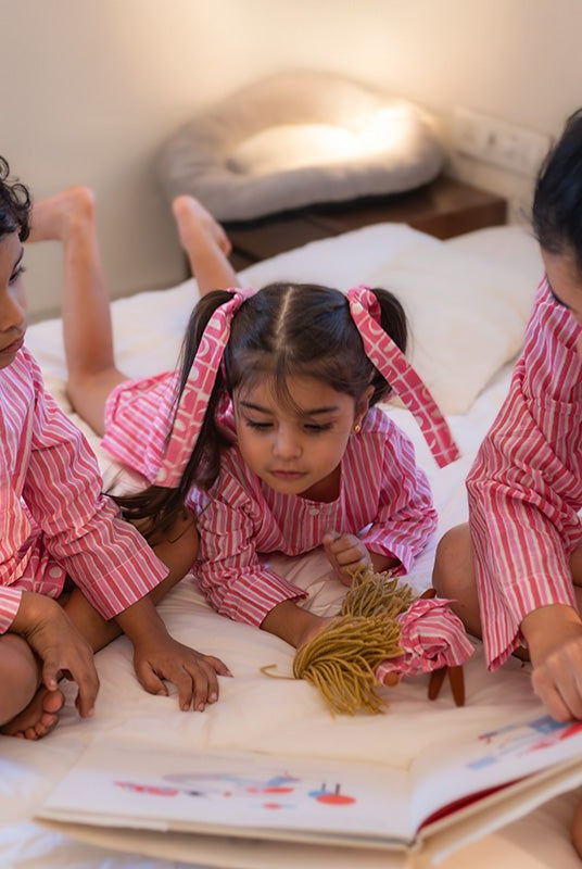 Sleepover Party Unisex Cotton Set with Striped Kurta and Moon Chase Shorts in Pink - CiceroniCo - ord SetLove The World Today