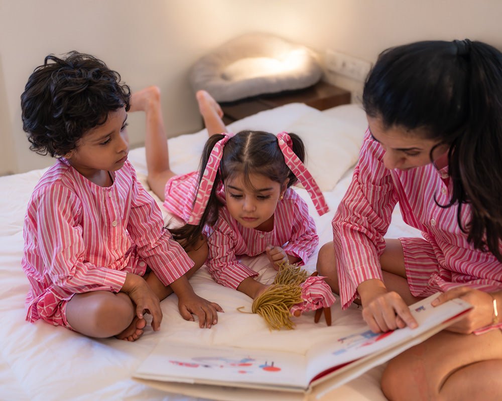 Sleepover Party Unisex Cotton Set with Striped Kurta and Moon Chase Shorts in Pink - CiceroniCo - ord SetLove The World Today