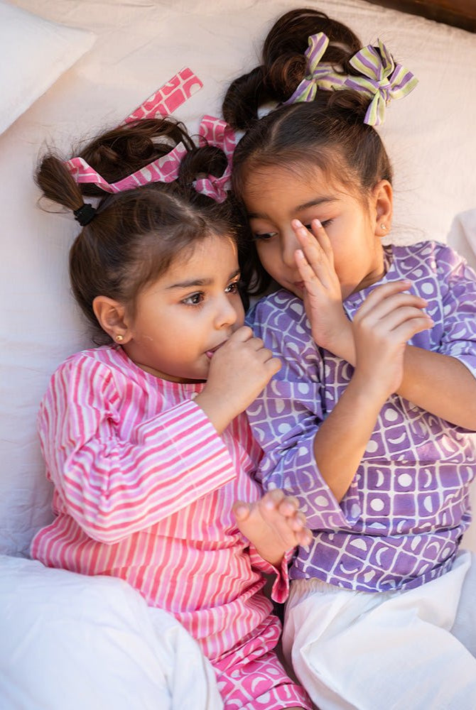 Sleepover Party Unisex Cotton Set with Striped Kurta and Moon Chase Shorts in Pink - CiceroniCo - ord SetLove The World Today