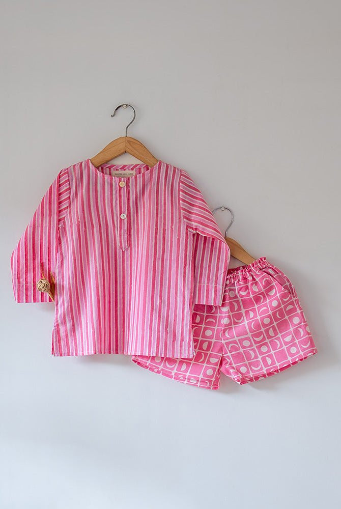 Sleepover Party Unisex Cotton Set with Striped Kurta and Moon Chase Shorts in Pink - CiceroniCo - ord SetLove The World Today