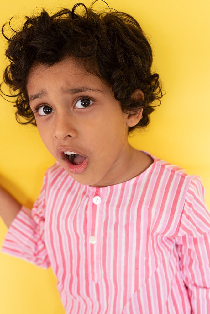 Sleepover Party Unisex Cotton Set with Striped Kurta and Moon Chase Shorts in Pink - CiceroniCo - ord SetLove The World Today