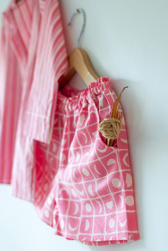 Sleepover Party Unisex Cotton Set with Striped Kurta and Moon Chase Shorts in Pink - CiceroniCo - ord SetLove The World Today