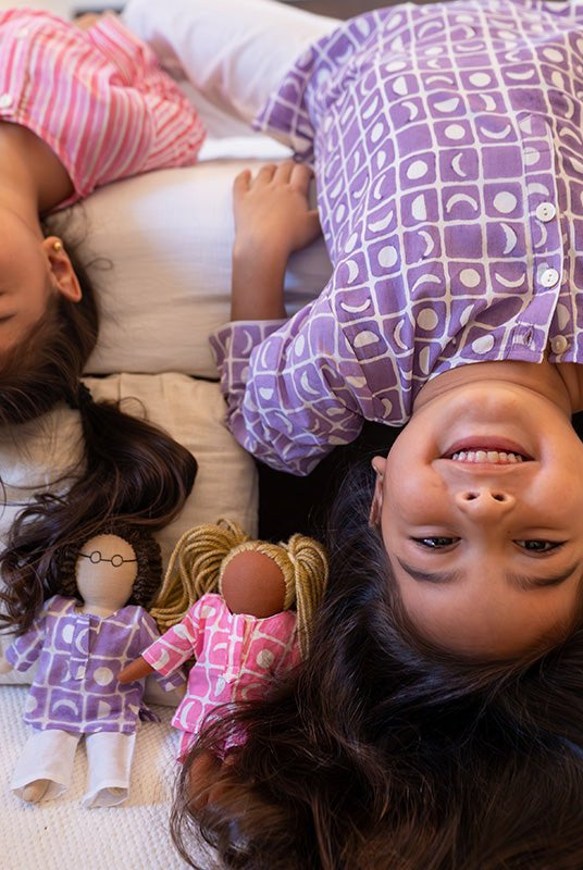 Sleepover Party Unisex Cotton Set with Striped Kurta and Moon Chase Shorts in Pink - CiceroniCo - ord SetLove The World Today