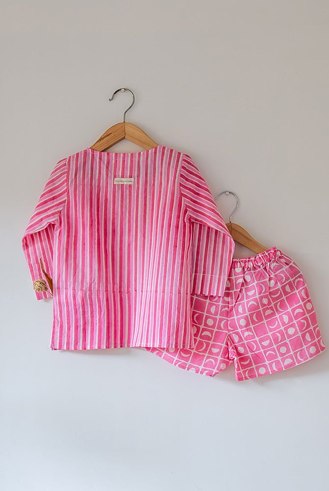 Sleepover Party Unisex Cotton Set with Striped Kurta and Moon Chase Shorts in Pink - CiceroniCo - ord SetLove The World Today