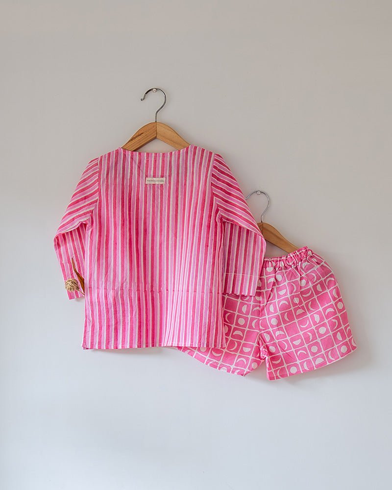Sleepover Party Unisex Cotton Set with Striped Kurta and Moon Chase Shorts in Pink - CiceroniCo - ord SetLove The World Today