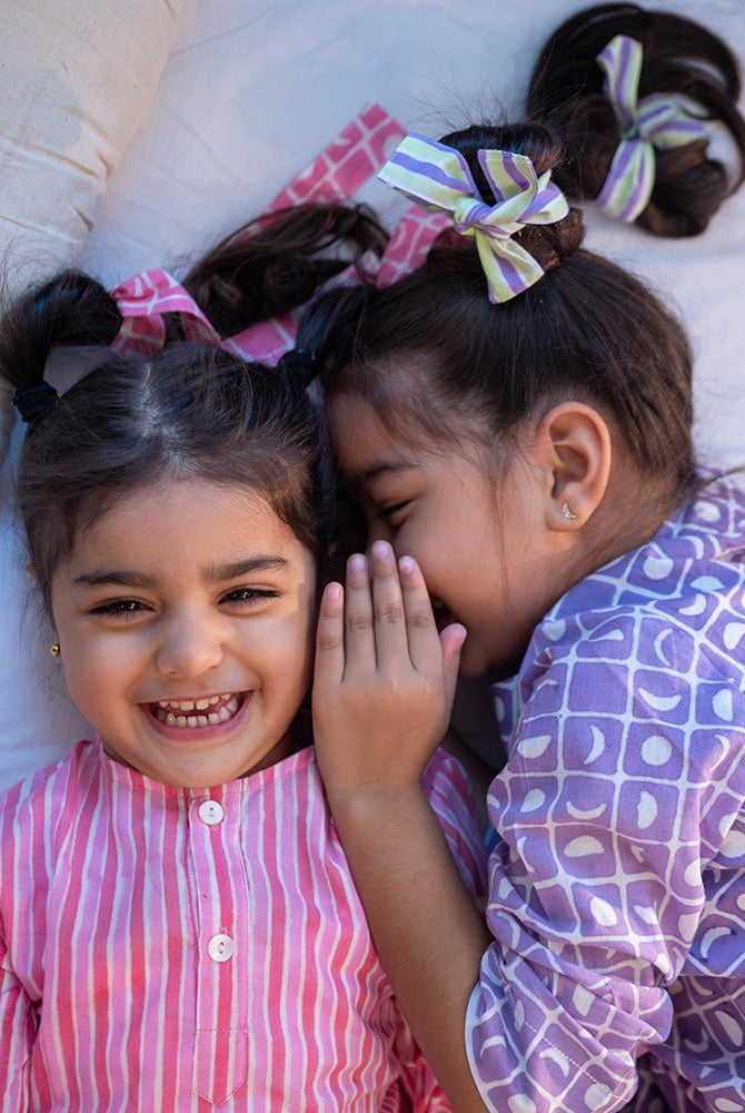 Sleepover Party Unisex Cotton Set with Striped Kurta and Moon Chase Shorts in Pink - CiceroniCo - ord SetLove The World Today