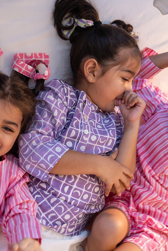 Sleepover Party Unisex Cotton Set with Striped Kurta and Moon Chase Shorts in Pink - CiceroniCo - ord SetLove The World Today
