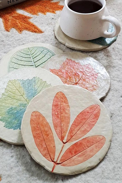 Spring Leaf Papier - Mache Coasters - CiceroniCoastersAranya Earthcraft
