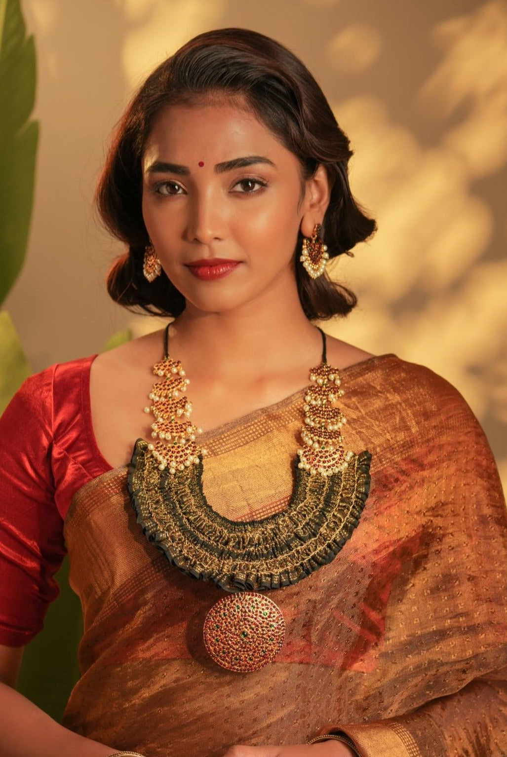 Statement Brocade Temple Neckpiece with Pearls - CiceroniNecklaceAarika