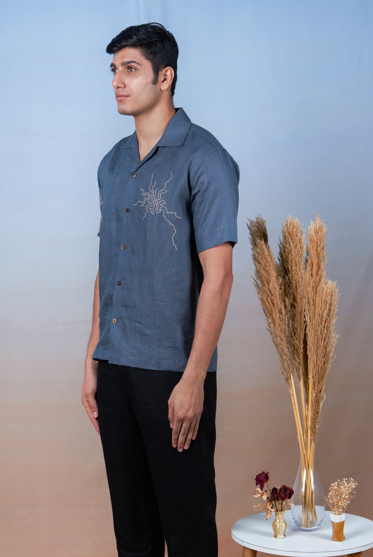 Stormy Skies - Hand Embroidered Unisex Linen Shirt - CiceroniShirtsCultura Studio