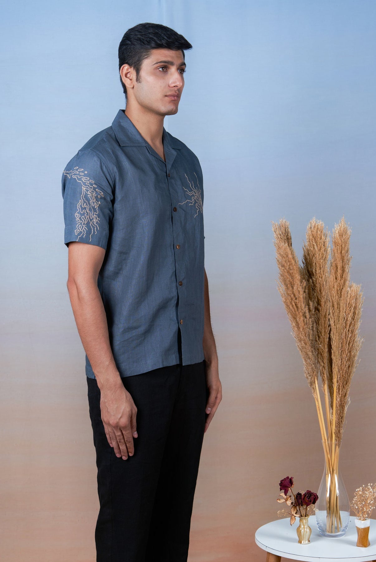 Stormy Skies - Hand Embroidered Unisex Linen Shirt - CiceroniShirtsCultura Studio