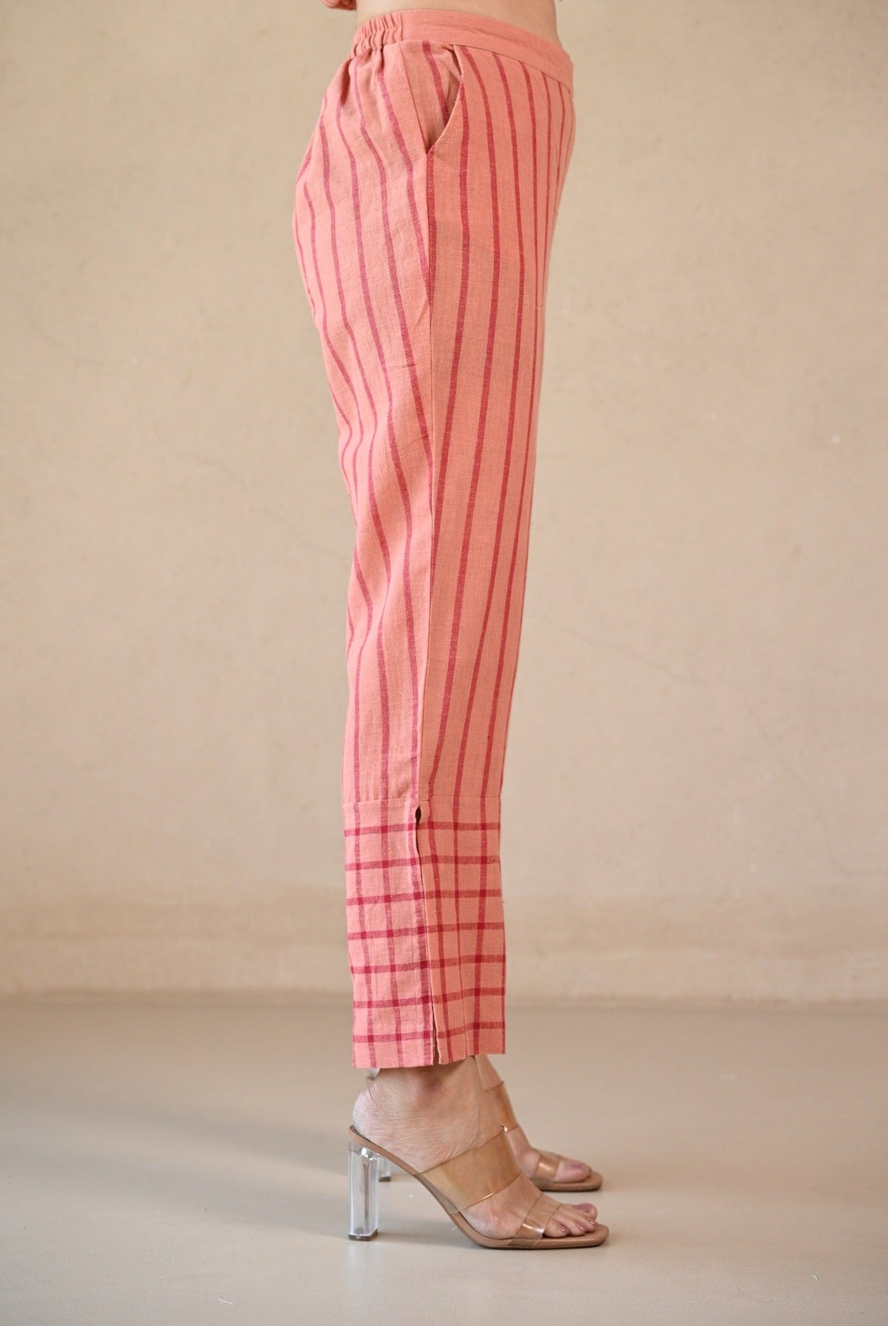 Straight Cut Pant - Peach Stripe Checks - CiceroniPantsRang by Rajvi