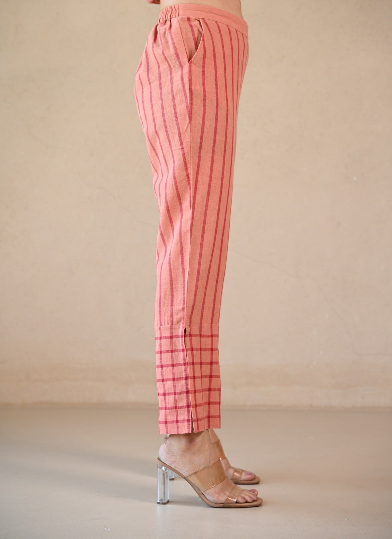 Straight Cut Pant - Peach Stripe Checks - CiceroniPantsRang by Rajvi