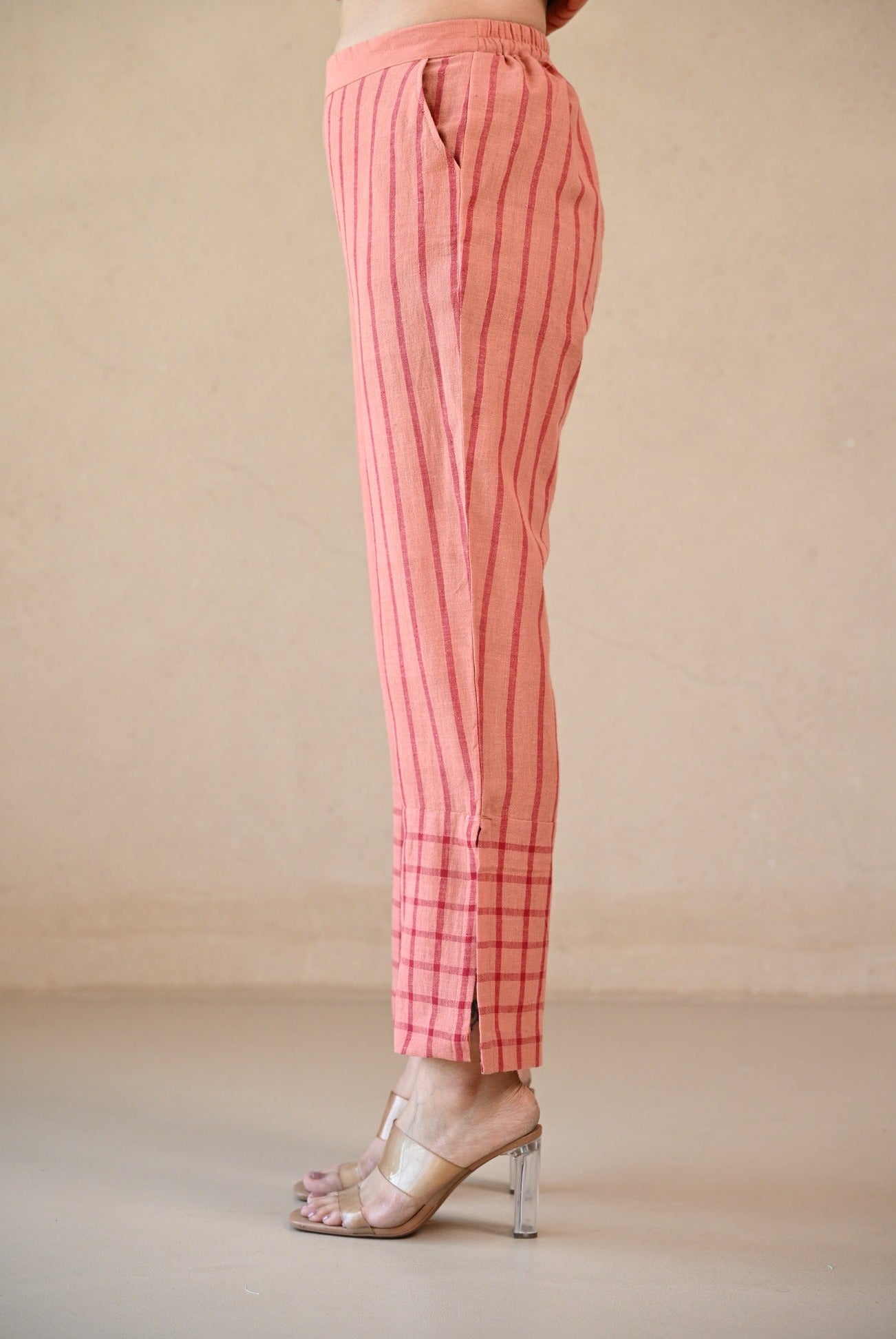 Straight Cut Pant - Peach Stripe Checks - CiceroniPantsRang by Rajvi