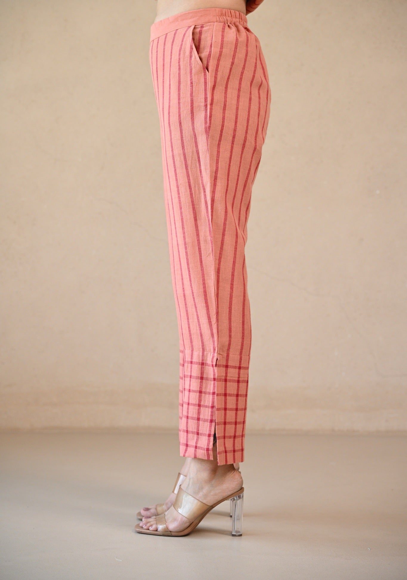 Straight Cut Pant - Peach Stripe Checks - CiceroniPantsRang by Rajvi