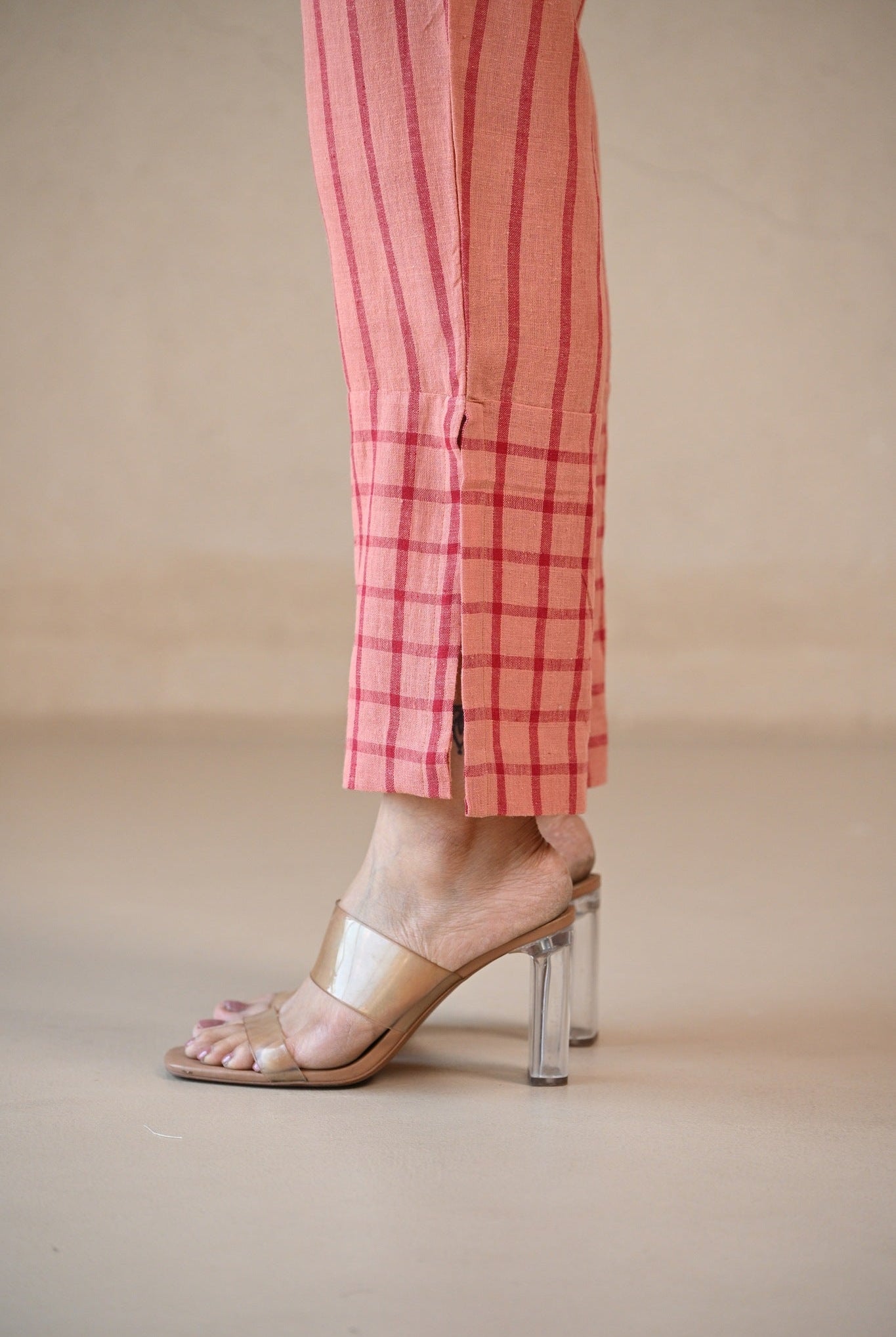 Straight Cut Pant - Peach Stripe Checks - CiceroniPantsRang by Rajvi