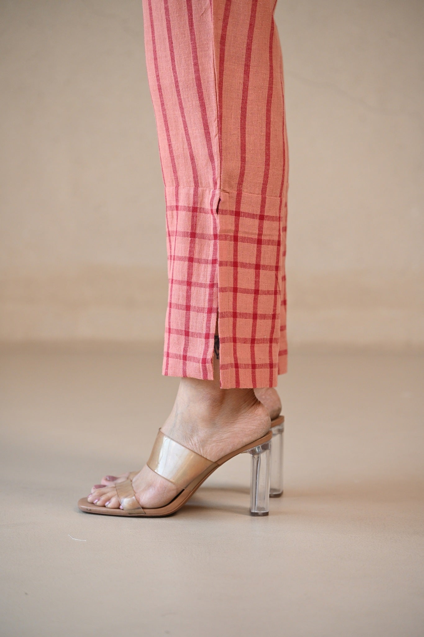 Straight Cut Pant - Peach Stripe Checks - CiceroniPantsRang by Rajvi