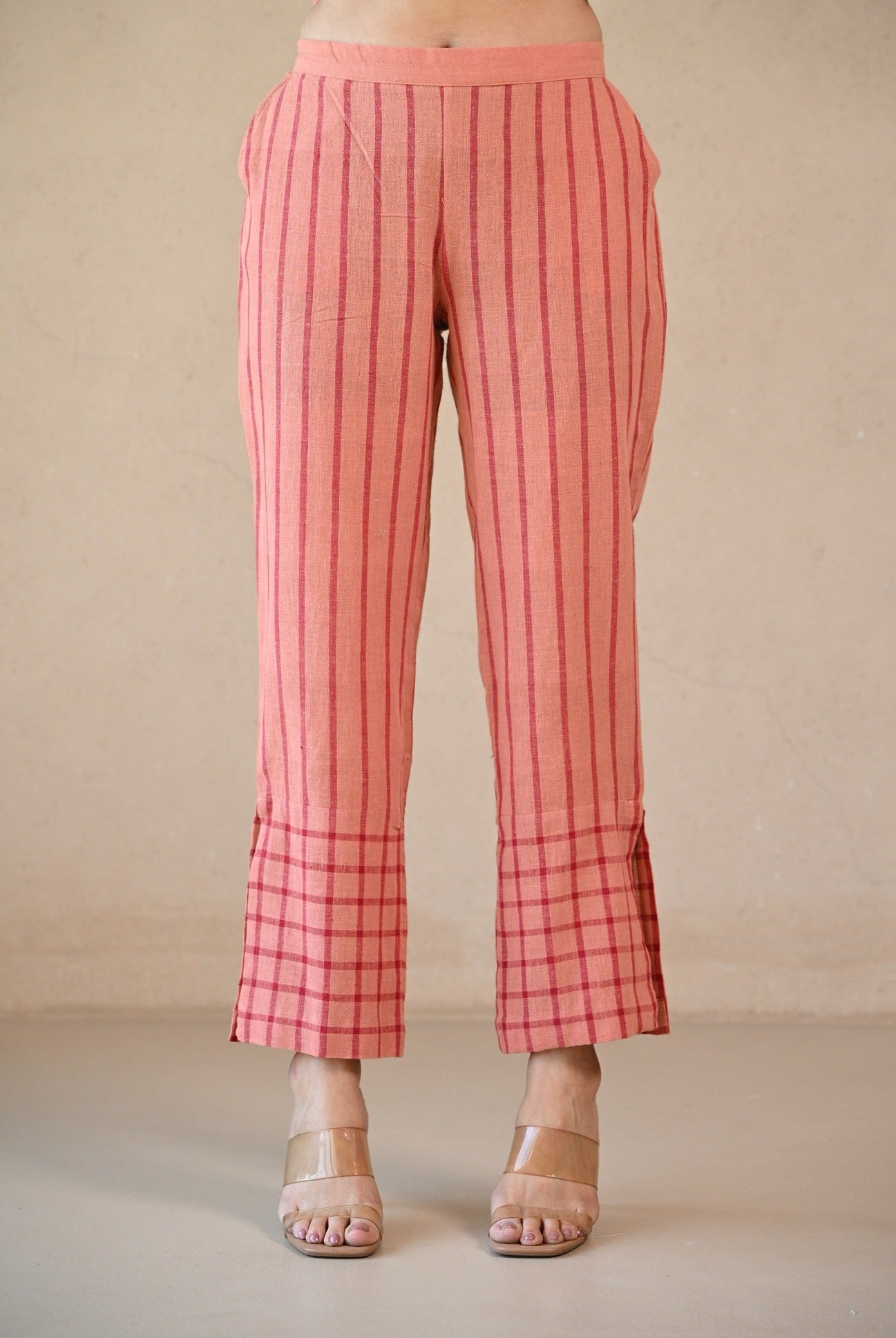 Straight Cut Pant - Peach Stripe Checks - CiceroniPantsRang by Rajvi