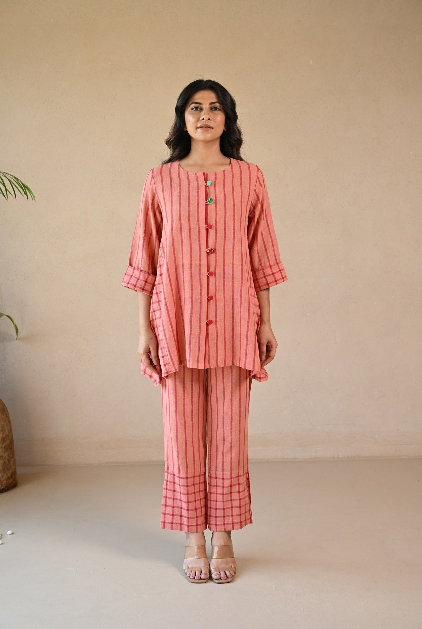 Straight Cut Pant - Peach Stripe Checks - CiceroniPantsRang by Rajvi