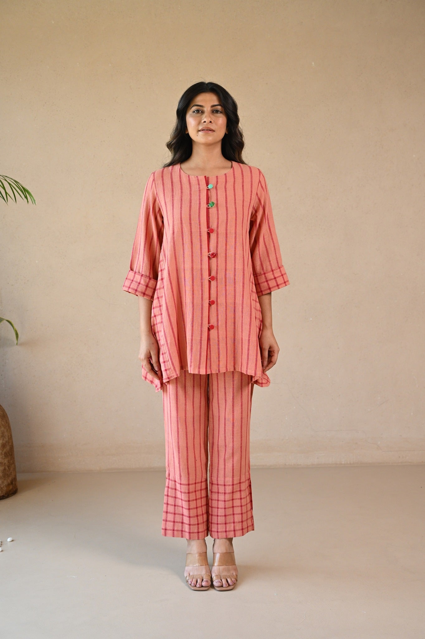 Straight Cut Pant - Peach Stripe Checks - CiceroniPantsRang by Rajvi