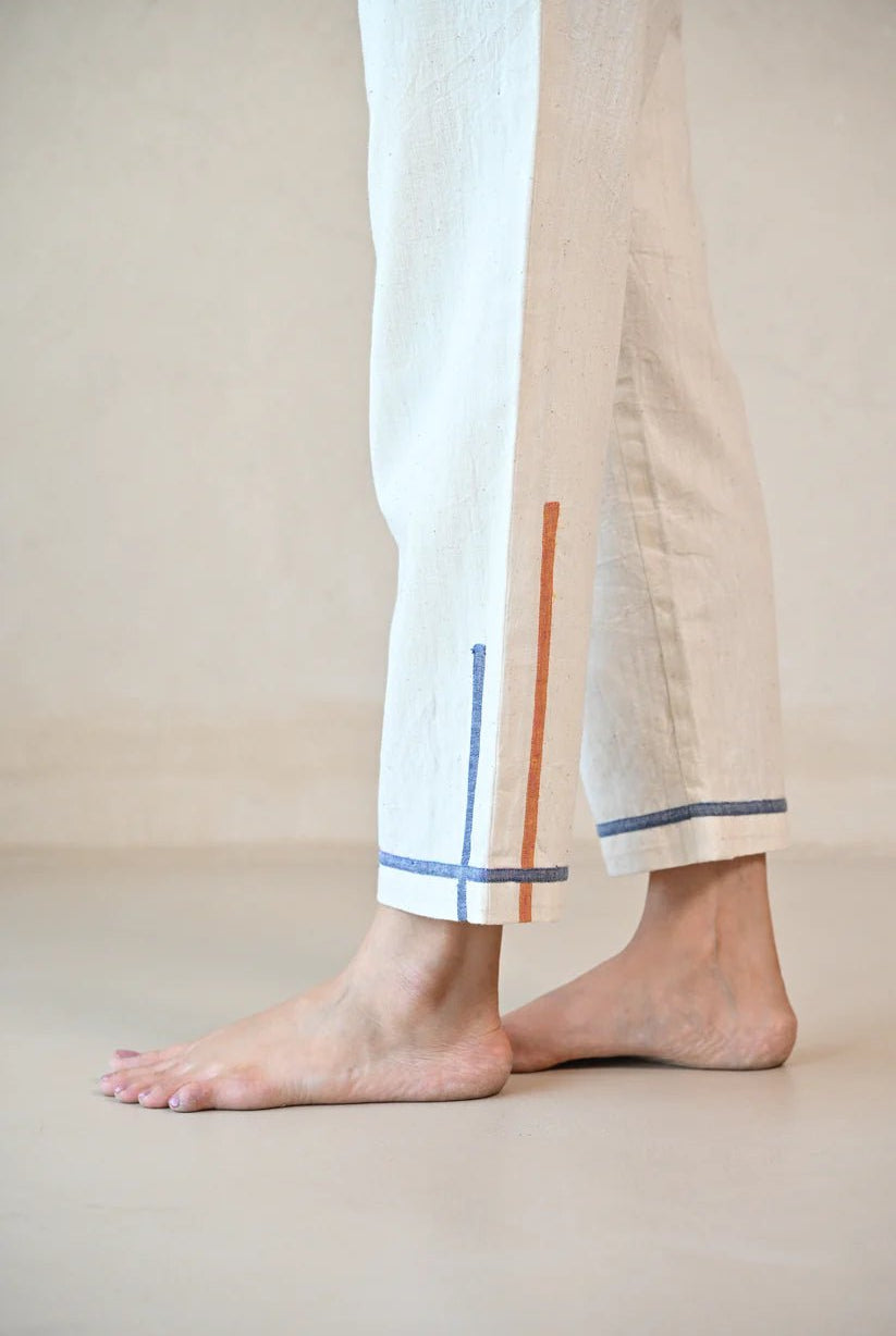 Straight Cut Pant with Fabric Detailing at Hem - Natural White - CiceroniPantsRang by Rajvi