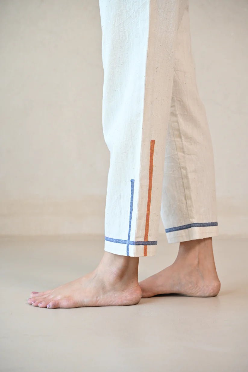 Straight Cut Pant with Fabric Detailing at Hem - Natural White - CiceroniPantsRang by Rajvi