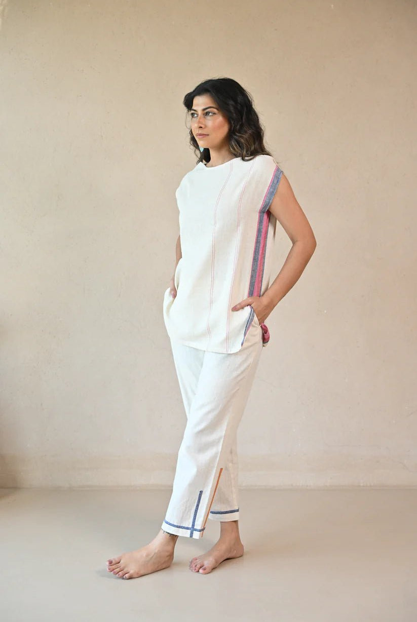 Straight Cut Pant with Fabric Detailing at Hem - Natural White - CiceroniPantsRang by Rajvi
