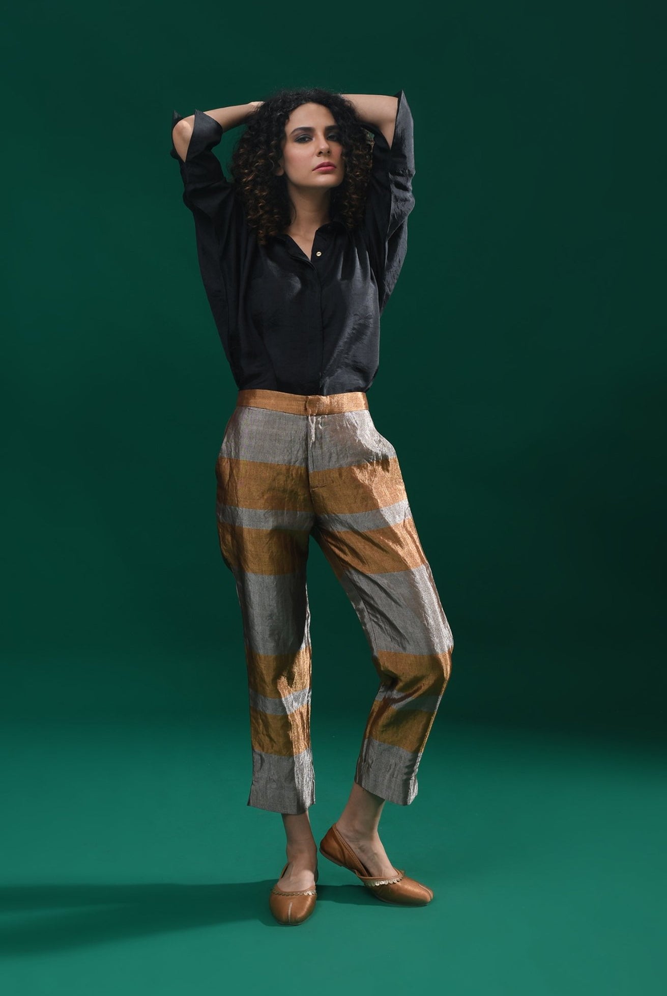 Straight Cut Tissue Trouser - Gold & Grey - CiceroniPantsHiranya