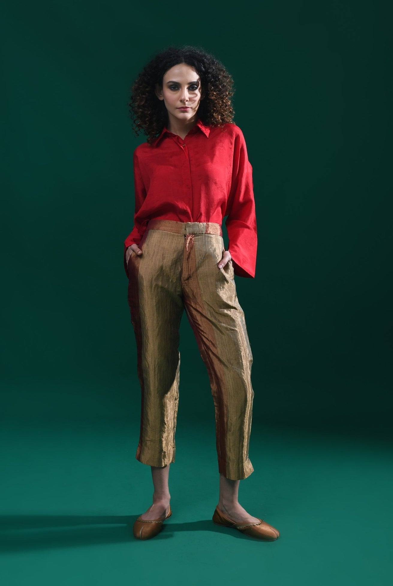 Straight Cut Tissue Trouser - Red & Olive - CiceroniPantsHiranya
