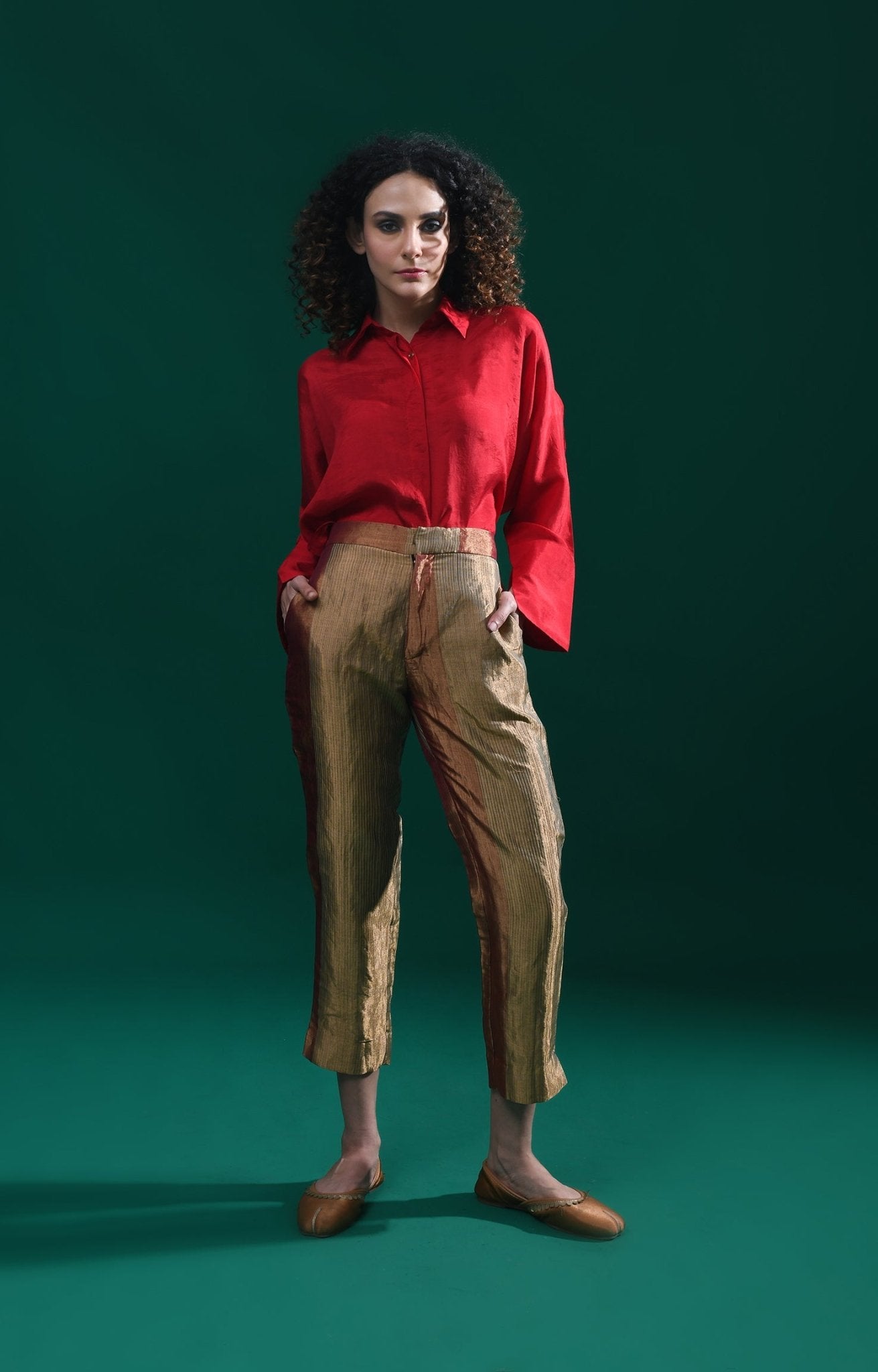 Straight Cut Tissue Trouser - Red & Olive - CiceroniPantsHiranya