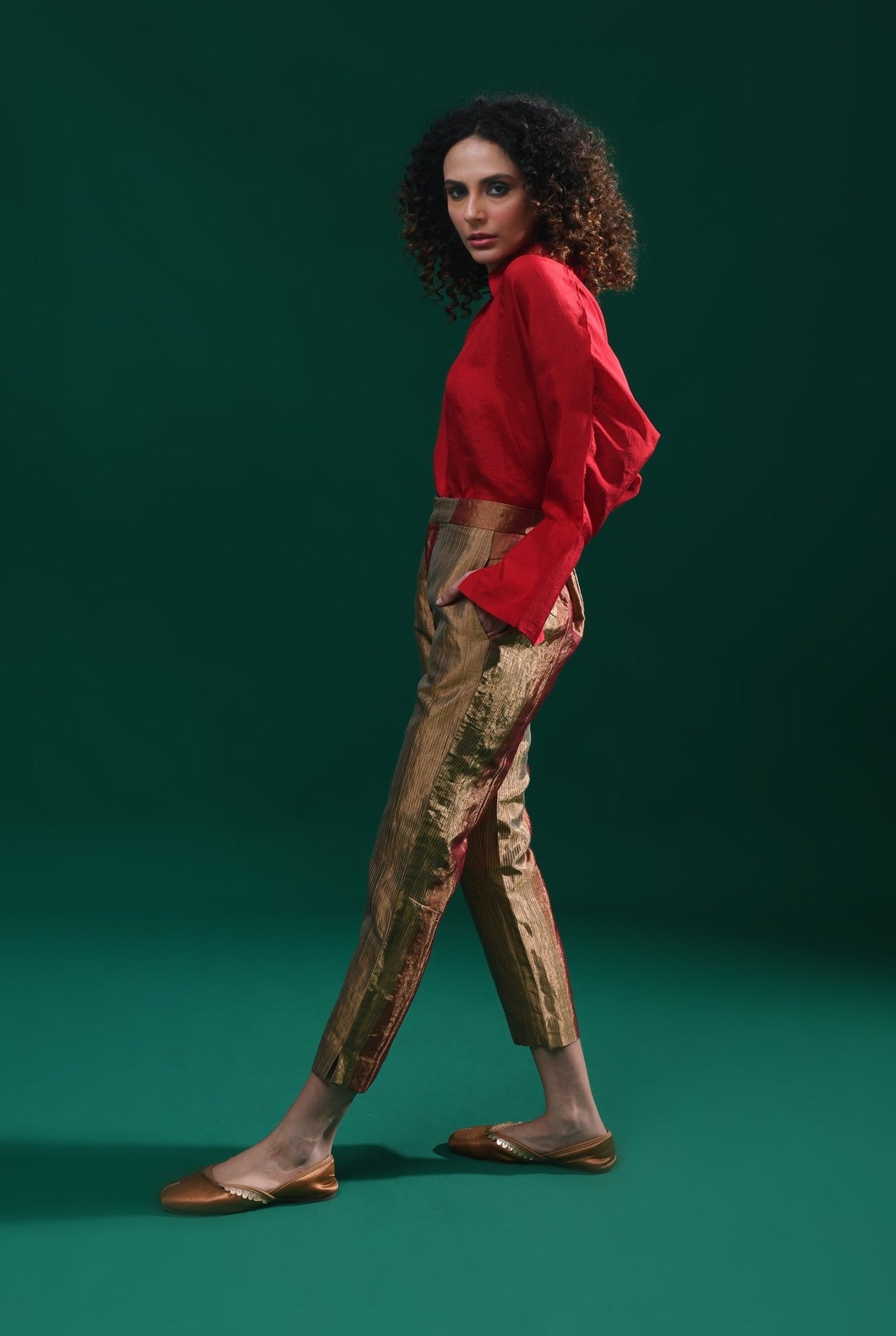 Straight Cut Tissue Trouser - Red & Olive - CiceroniPantsHiranya